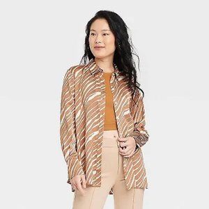 A New Day Satin Button Down Blouse in Tan Zebra